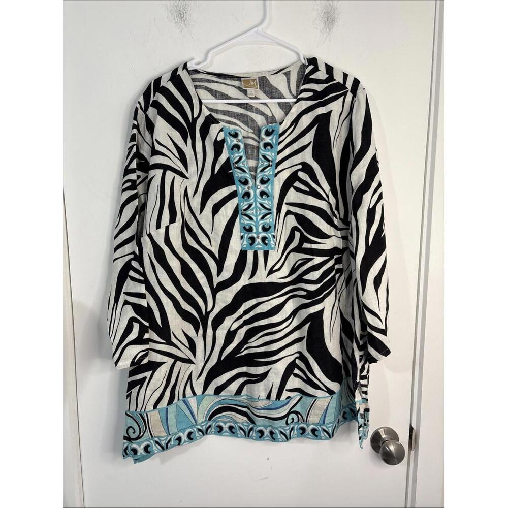 Women’s 3X Linen Blouse Zebra Peacock‎ Embellished Cruise Wear JM Collection